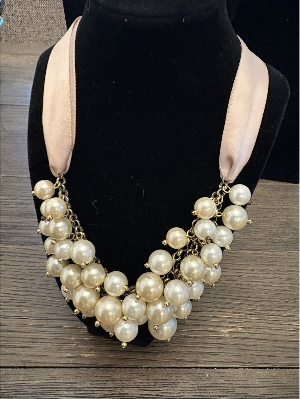 Beautiful Faux Bib Pearl Necklace With Taupe Adjustable Ribbon